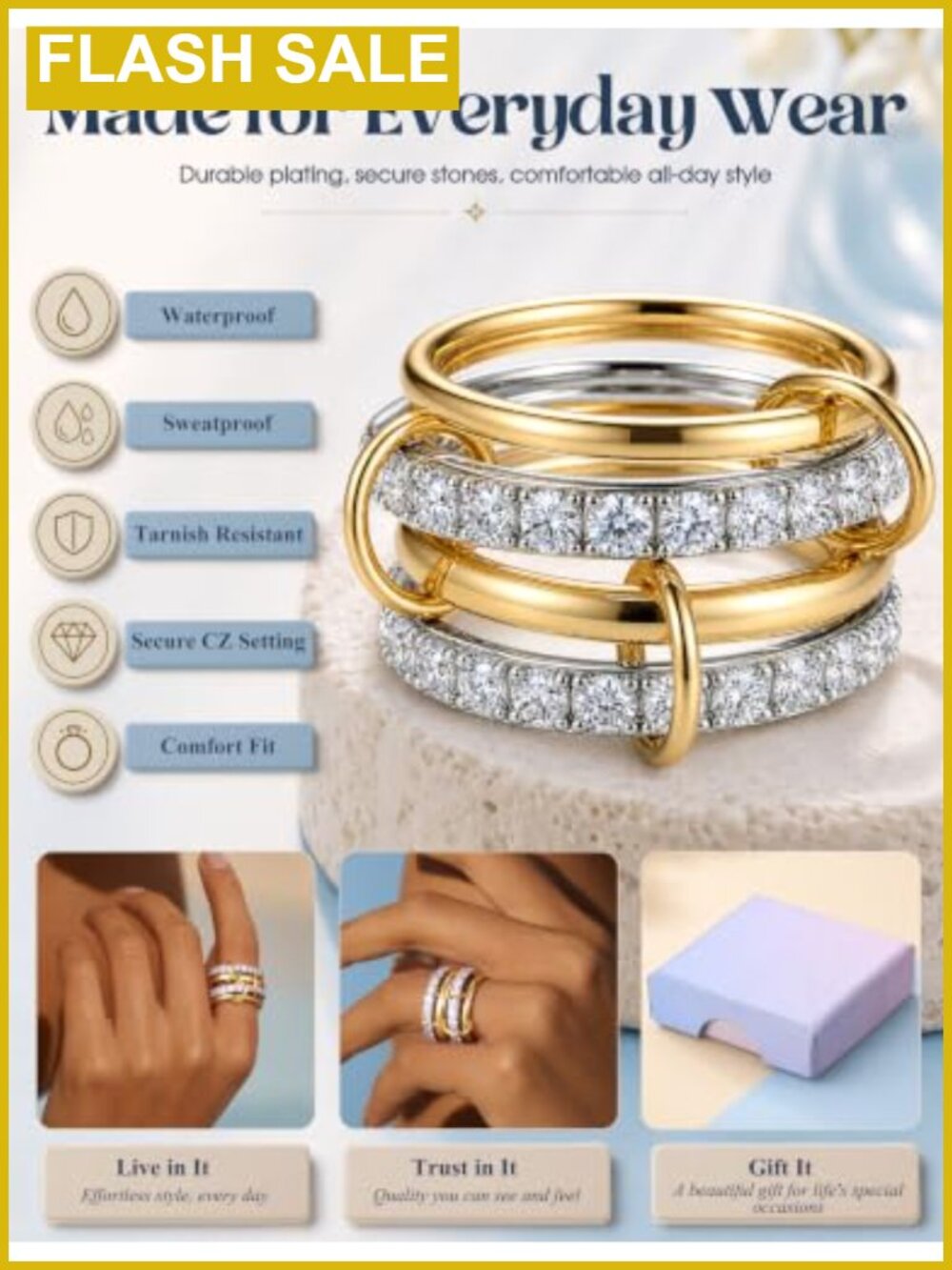 18K Gold Plated Stackable Rings Set Cubic Zirconia Interlocked Stacking Rings - Picture 4 of 6